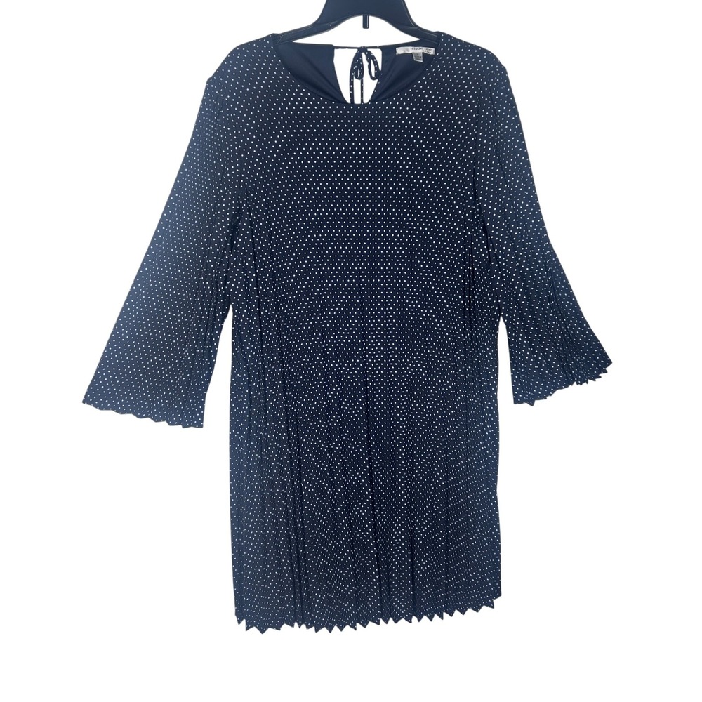 Studio One New York Polka Dot Dress Navy Blue LS  Tie Neck Pleated Hem Large New